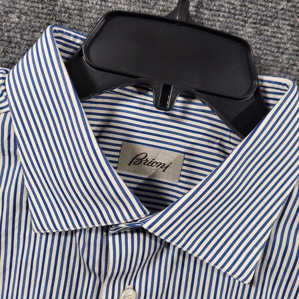 Brioni Shirt Mens EU 44 17.5 Blue Stripe Long Sleeve Button Up Made In Italy